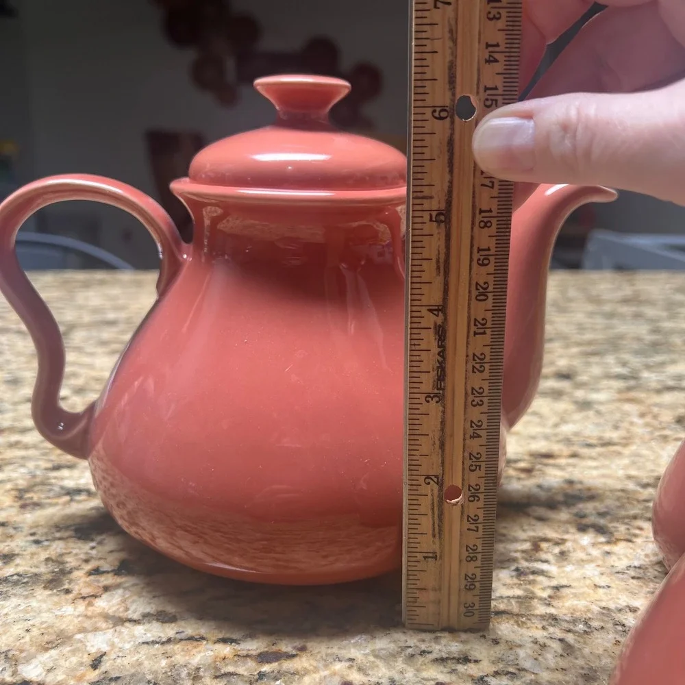 Vintage Terracotta Ceramic Teapot and 4 Mug Tea Set Glossy Coral‎ Rust